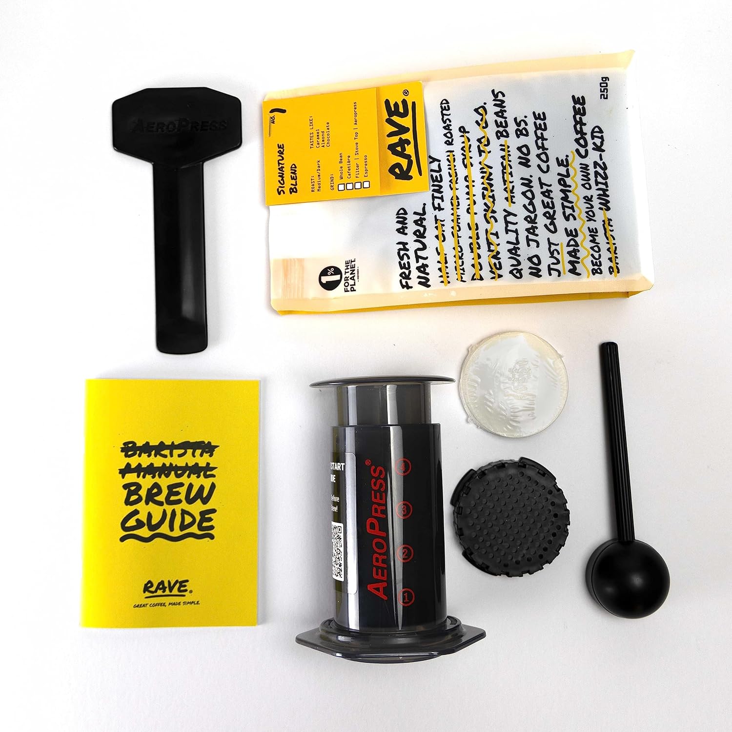 Rave Coffee AeroPress Gift Set with AeroPress Coffee Maker, Delicious 250g Rave Signature Blend Ground Coffee & Brewing Guide - Amazing Gadgets Outlet