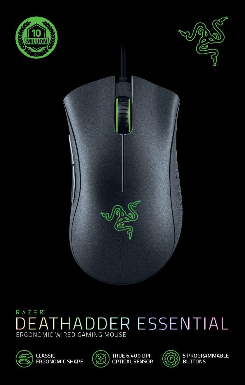 Razer DeathAdder Essential (2021) - Wired Gaming Mouse (Optical Sensor, 6400 DPI, 5 Programmable Buttons, Ergonomic Form Factor) Black - Amazing Gadgets Outlet