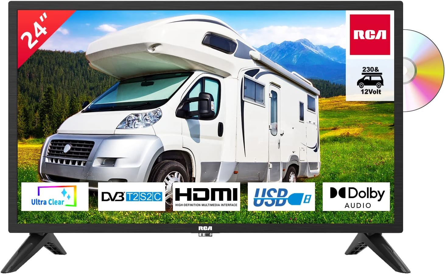 RCA RD24H2CU TV 24 Inch (TV 60 cm) with Built - in DVD Player for Motorhomes and Caravans 12 V Car Adapter, Dolby Audio, Triple Tuner DVB - C/T2/S2, HDMI, USB, Digital Audio Output, 230 V/12 V - Amazing Gadgets Outlet