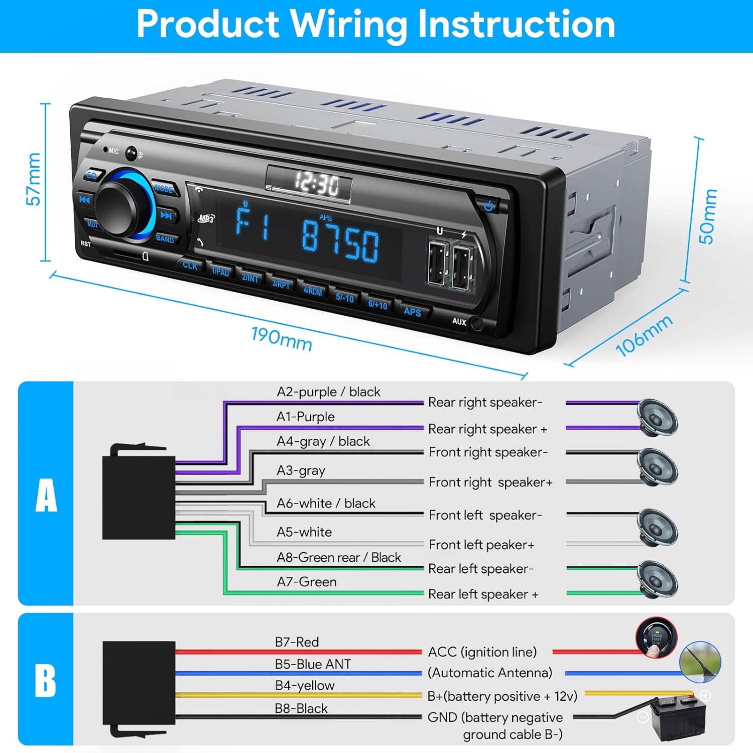 RDS Car Radio Bluetooth Hands - free, 9 - 24V Car Stereo Bluetooth 4 x 65W FM/AM Radio LCD Clock with 7 Colors Lighting, MP3 Player Supports 2 USB/AUX/SD - Amazing Gadgets Outlet