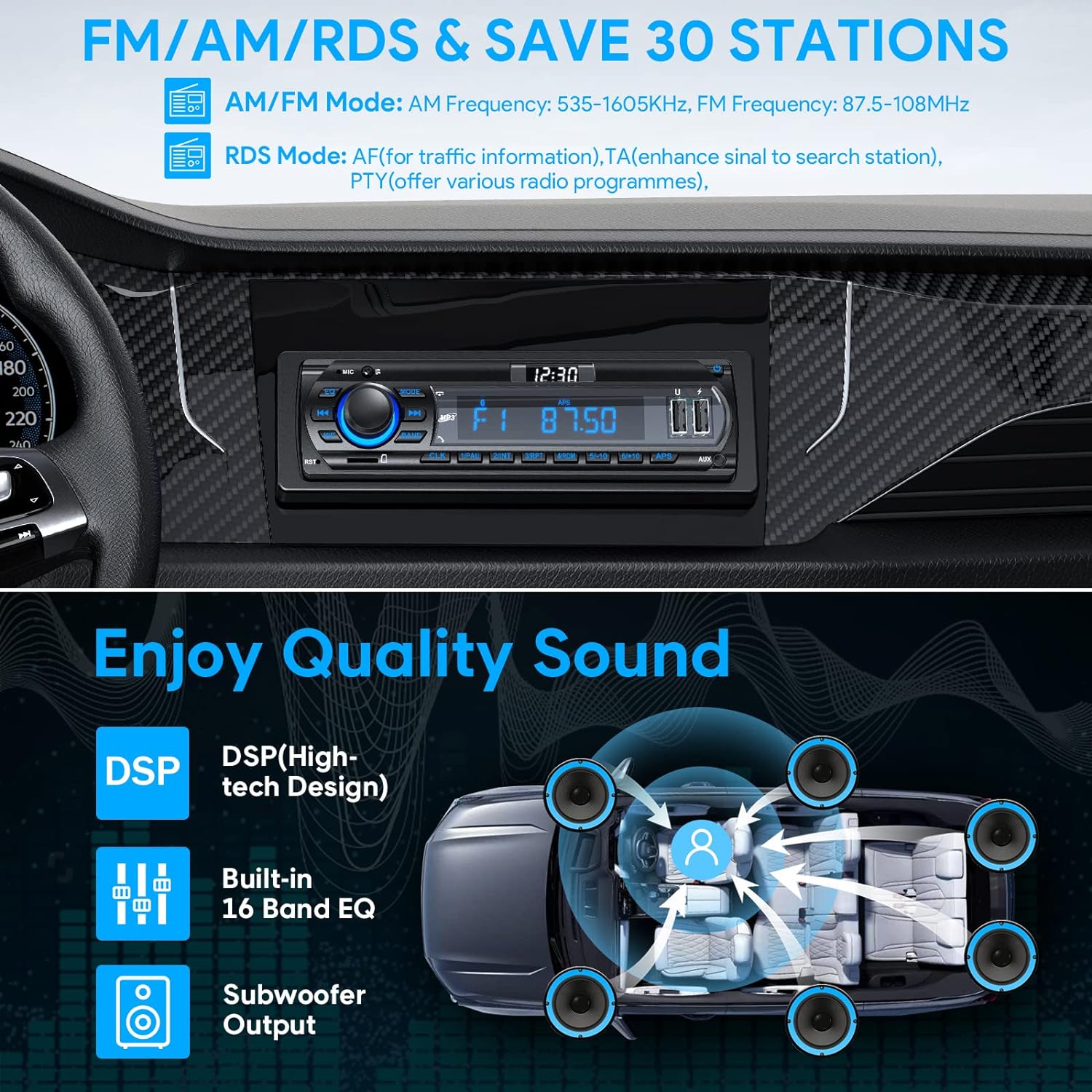 RDS Car Radio Bluetooth Hands - free, 9 - 24V Car Stereo Bluetooth 4 x 65W FM/AM Radio LCD Clock with 7 Colors Lighting, MP3 Player Supports 2 USB/AUX/SD - Amazing Gadgets Outlet