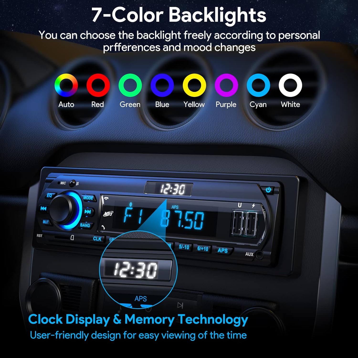 RDS Car Radio Bluetooth Hands - free, 9 - 24V Car Stereo Bluetooth 4 x 65W FM/AM Radio LCD Clock with 7 Colors Lighting, MP3 Player Supports 2 USB/AUX/SD - Amazing Gadgets Outlet