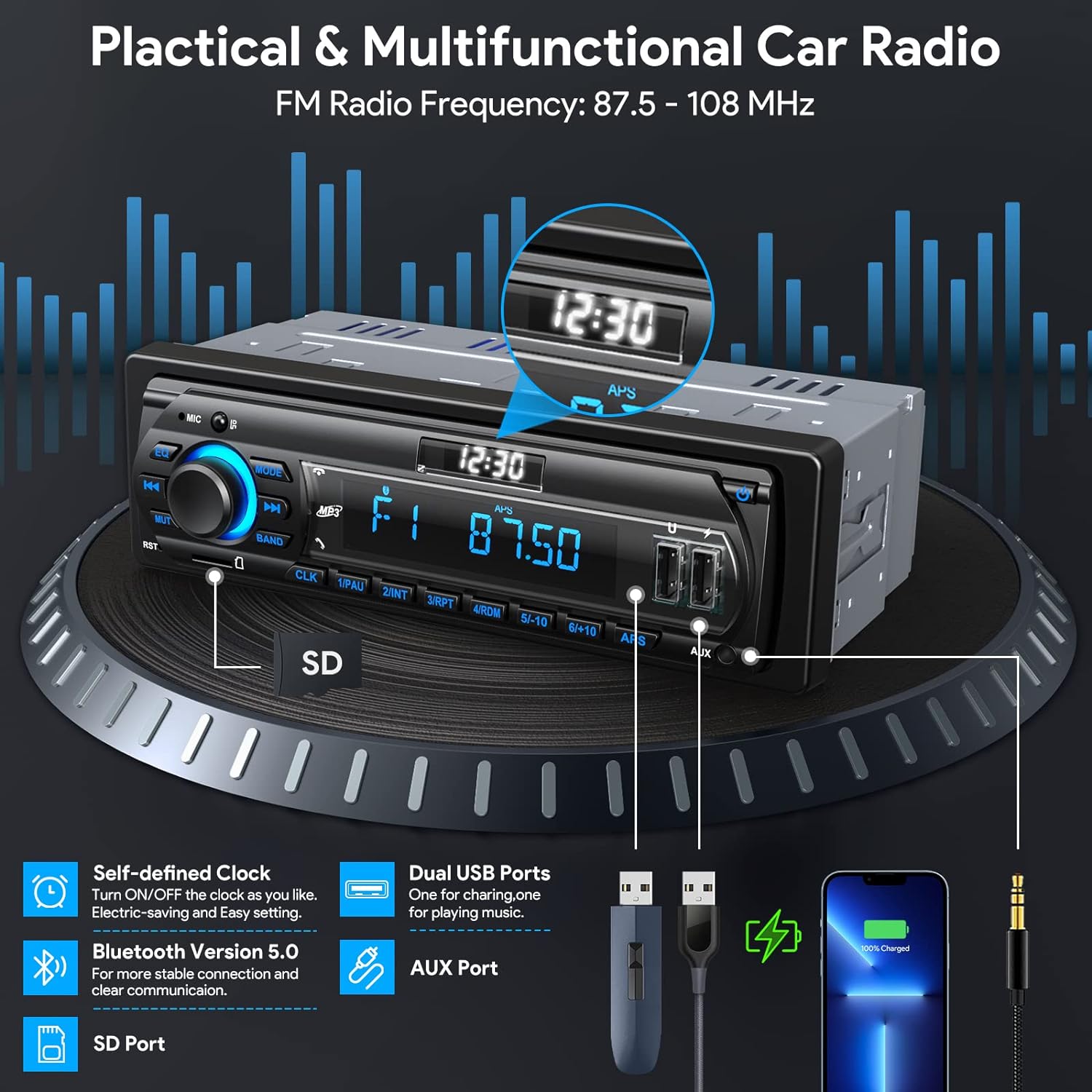 RDS Car Radio Bluetooth Hands - free, 9 - 24V Car Stereo Bluetooth 4 x 65W FM/AM Radio LCD Clock with 7 Colors Lighting, MP3 Player Supports 2 USB/AUX/SD - Amazing Gadgets Outlet