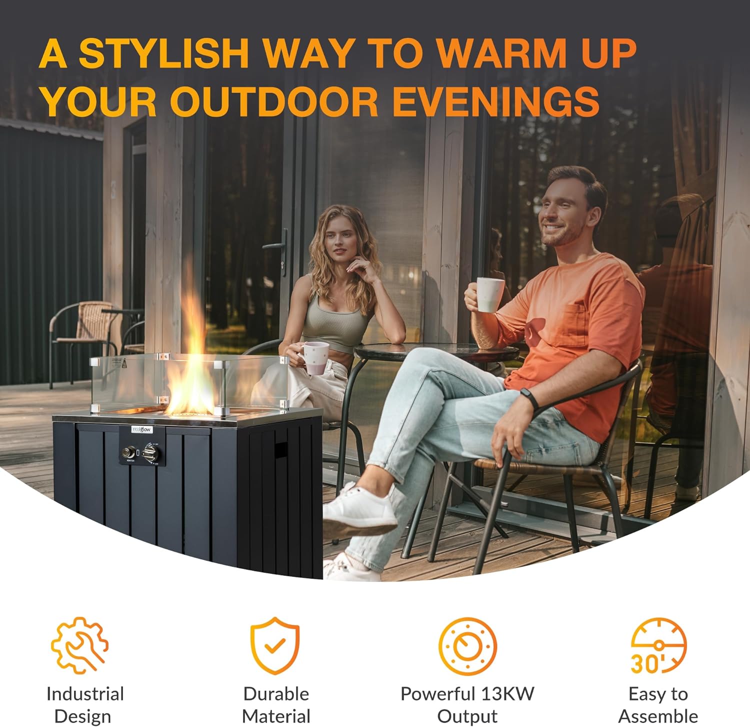 REALGLOW Stripe Gas Patio Heaters Outdoor with 13KW Output | Outdoor Heaters & Fire Pits for Homes and Restaurants | Outdoor Patio Heater with Glass Rocks | 90cm x 60cm | Gas Fire Pits for Garden   Import  Single ASIN  Import  Multiple ASIN ×Prod - Amazing Gadgets Outlet