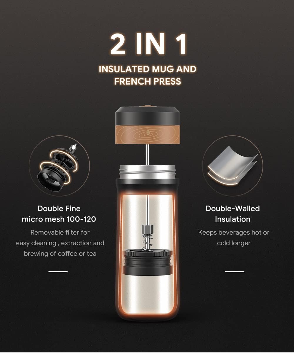 RECAFIMIL Portable French Press Coffee Maker Travel French Coffee Maker Stainless Steel Coffee Mug 12 oz Great for Camping and Traveling - Amazing Gadgets Outlet