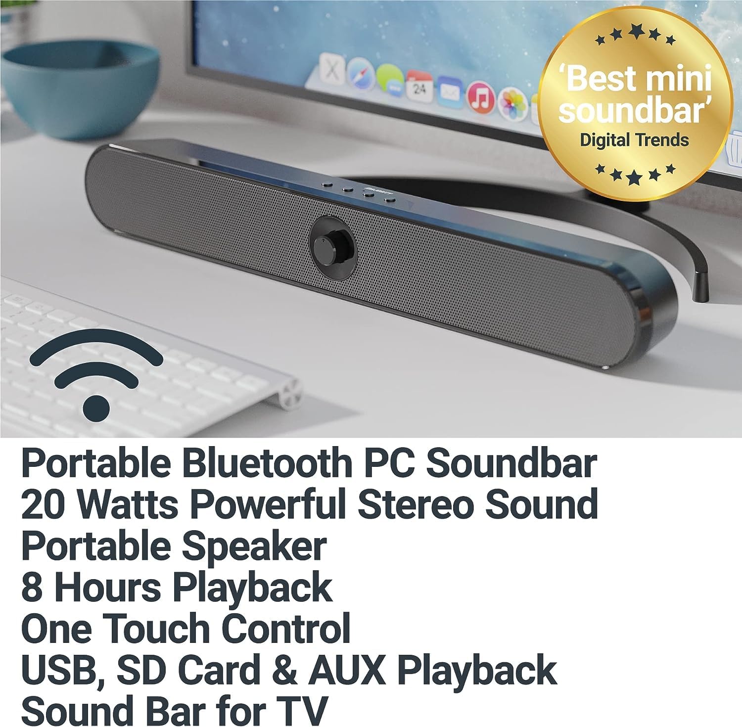 Rechargeable! MAJOR Portable Bluetooth PC Soundbar | 20 Watts Powerful Stereo Sound | Portable Speaker with 8 Hours Playback Bluetooth Sound bar for TV | One Touch Control, USB, SD Card & AUX Playback - Amazing Gadgets Outlet