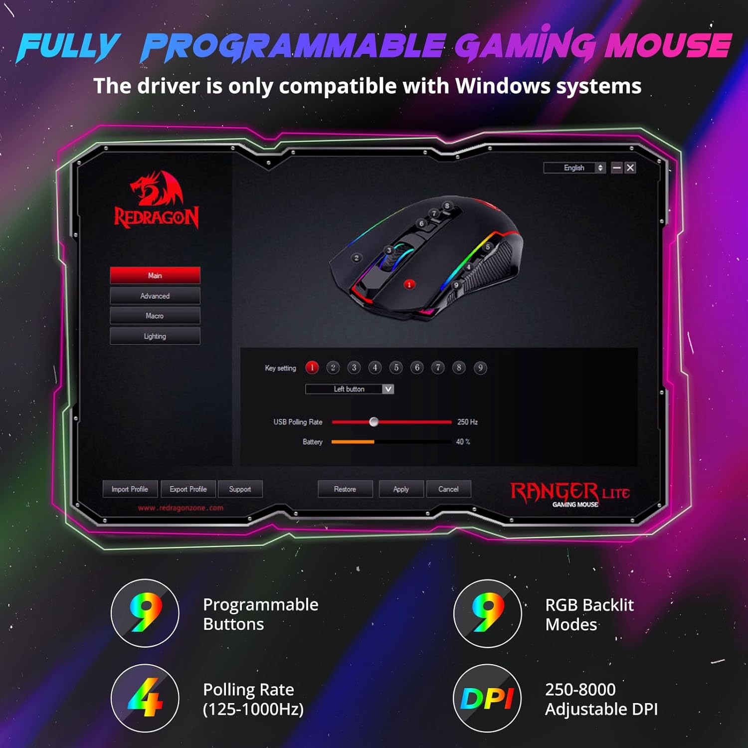 Redragon Gaming Mouse, Wireless Gaming Mouse with 9 Programmable Buttons, RGB Backlit, Rechargeable Wireless Mouse UP to 8000 DPI, Macro Edit, 70Hrs for Laptop, PC, Mac Gamer, Black M910 - KS - Amazing Gadgets Outlet