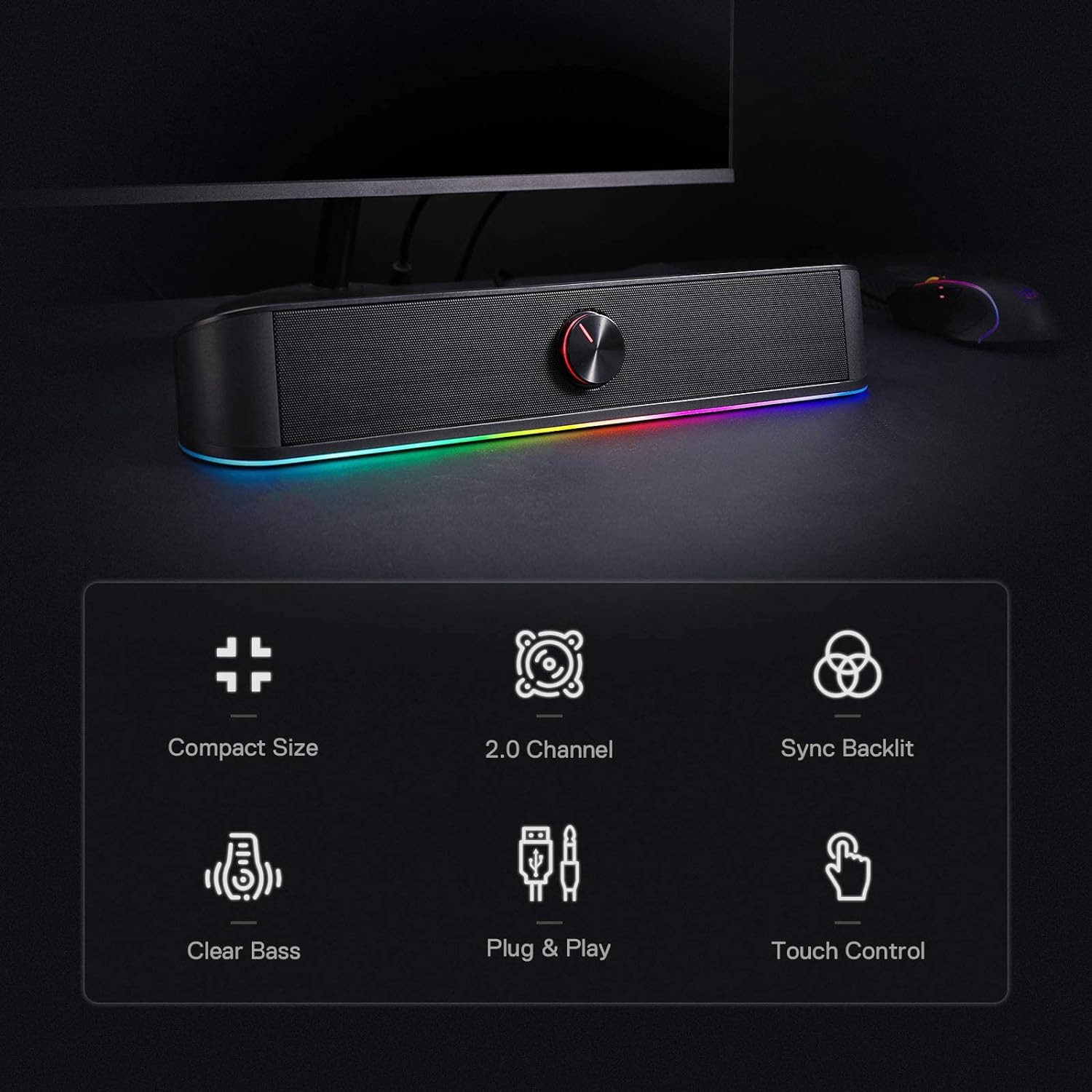 Redragon GS560 Adiemus RGB Desktop Soundbar, 2.0 Channel Computer Speaker with Dynamic Lighting Bar Audio - Light Sync/Display, Touch - Control Backlit with Volume Knob, USB Powered w/ 3.5mm Cable - Amazing Gadgets Outlet