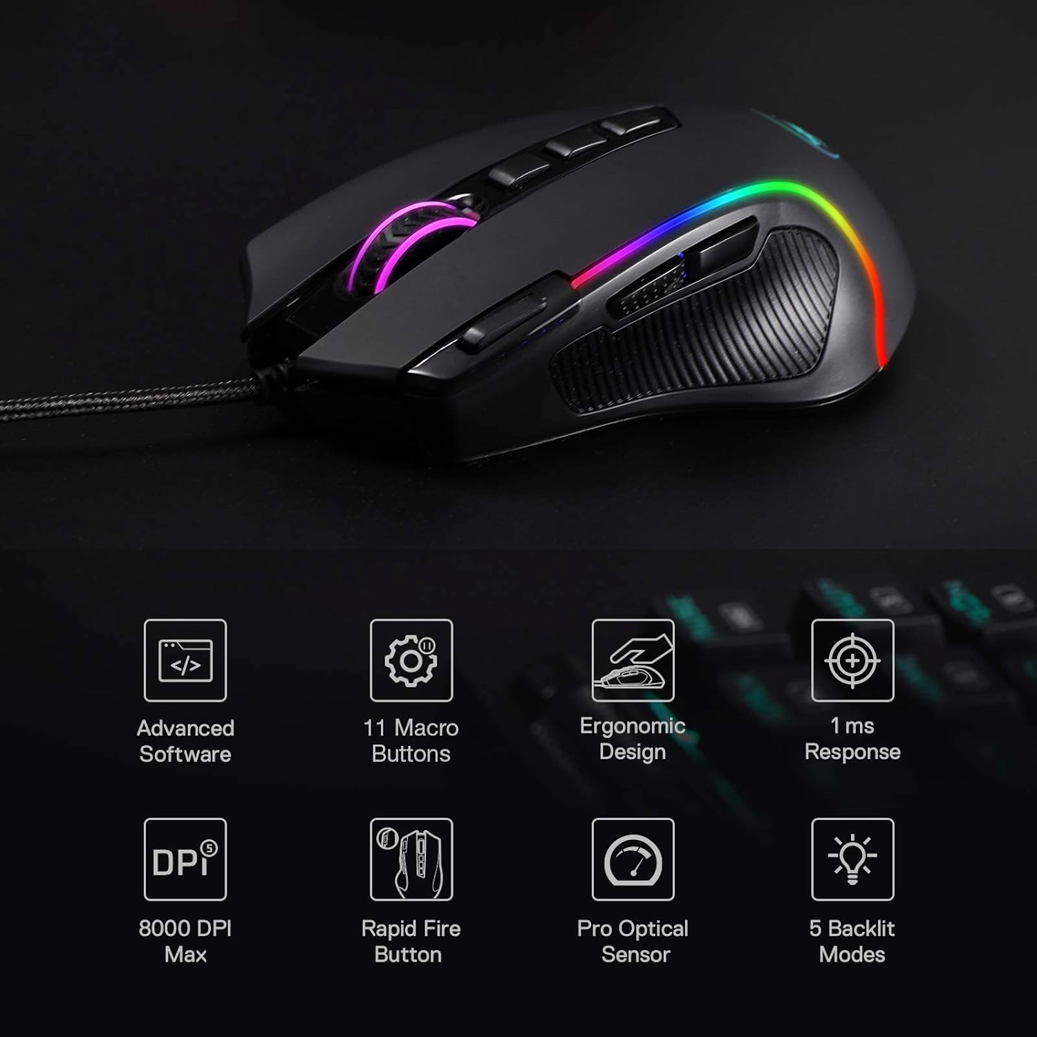 Redragon M612 Predator RGB Gaming Mouse, 8000 DPI Wired Optical Gamer Mouse with 11 Programmable Buttons & 5 Backlit Modes, Software Supports DIY Keybinds Rapid Fire Button - Amazing Gadgets Outlet