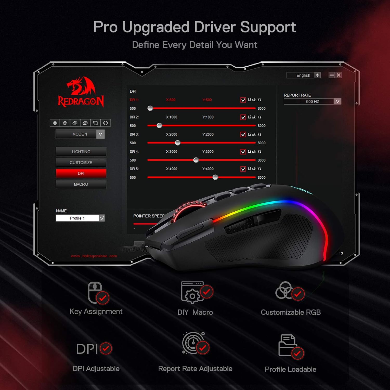 Redragon M612 Predator RGB Gaming Mouse, 8000 DPI Wired Optical Gamer Mouse with 11 Programmable Buttons & 5 Backlit Modes, Software Supports DIY Keybinds Rapid Fire Button - Amazing Gadgets Outlet