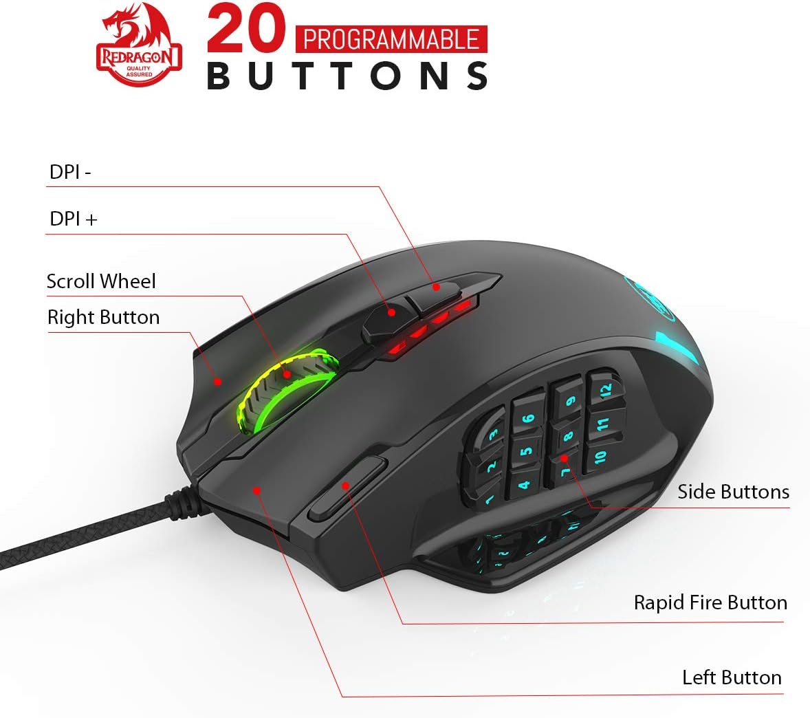 Redragon M908 Impact RGB LED MMO Mouse with Side Buttons Optical Wired Gaming Mouse with 12,400DPI, High Precision, 20 Programmable Mouse Buttons - Amazing Gadgets Outlet