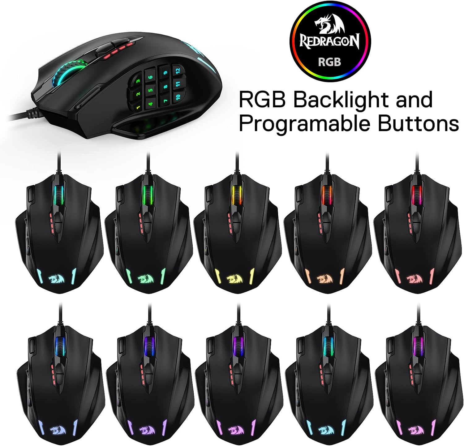 Redragon M908 Impact RGB LED MMO Mouse with Side Buttons Optical Wired Gaming Mouse with 12,400DPI, High Precision, 20 Programmable Mouse Buttons - Amazing Gadgets Outlet