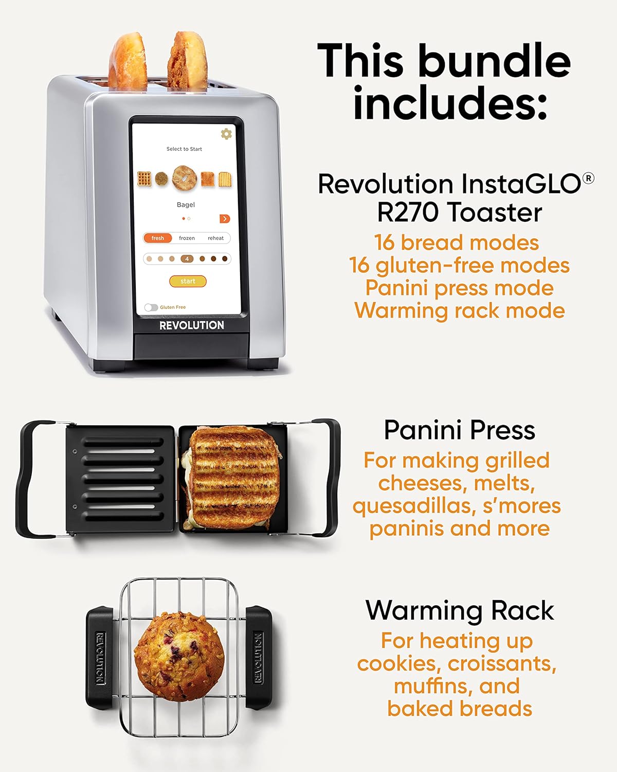 Revolution R270 High - Speed Touchscreen Toaster, 2 - Slice Smart Toaster with Patented InstaGLO Technology, Warming Rack & Panini Press, Silver - Amazing Gadgets Outlet