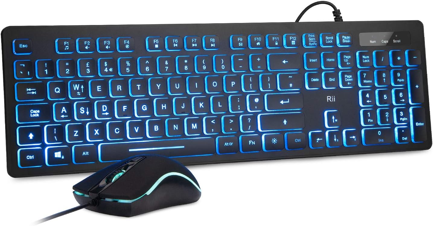 Rii Wired keyboard and mouse, RK105 USB Keyboard and Mouse with Backlit(White Green Blue) for Office Home Business - Full Size Standard UK Layout - Amazing Gadgets Outlet