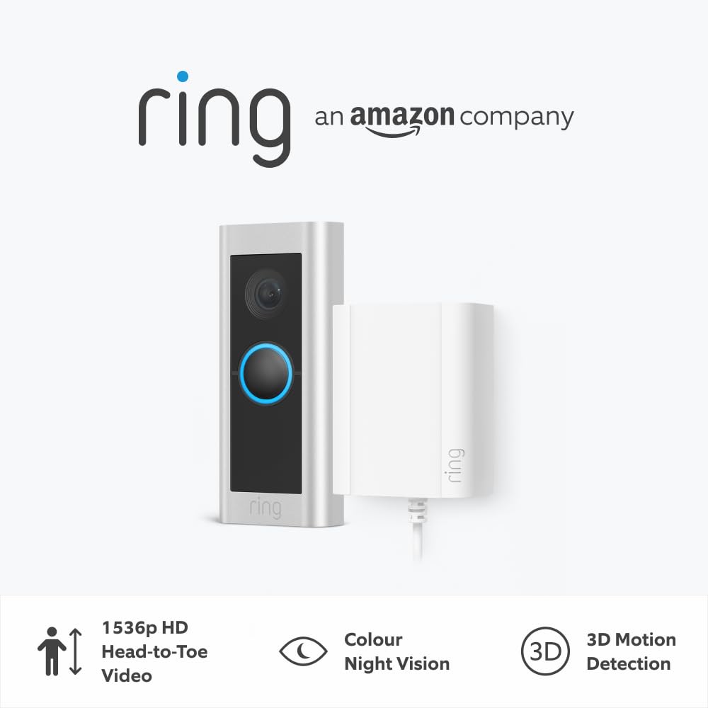 Ring Wired Video Doorbell Pro (Video Doorbell Pro 2) + Plug - In Adaptor by Amazon | Doorbell camera 1536p HD, Head to Toe Video, 3D Motion Detection, Bird's Eye View | 30 - day free trial of Ring Protect - Amazing Gadgets Outlet