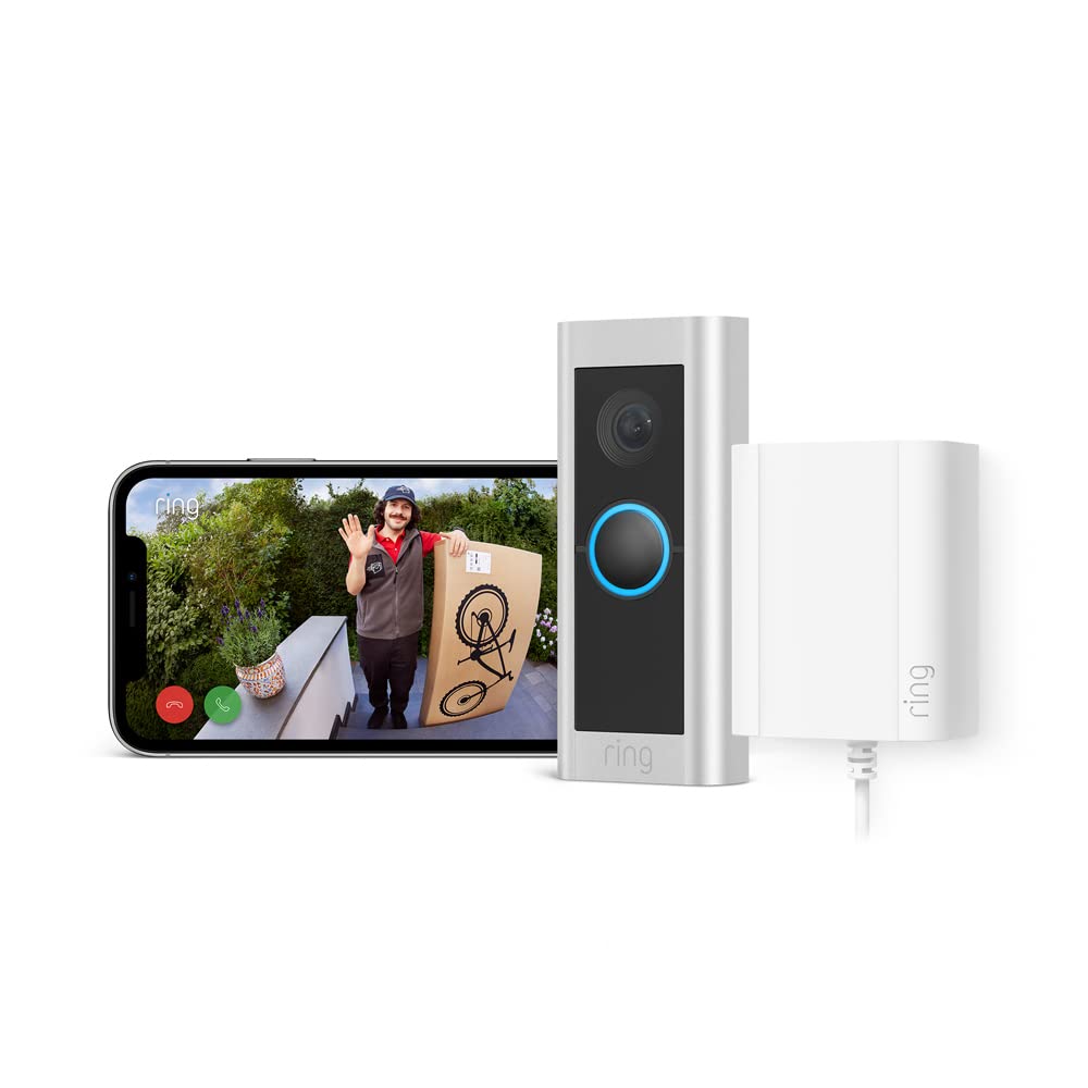 Ring Wired Video Doorbell Pro (Video Doorbell Pro 2) + Plug - In Adaptor by Amazon | Doorbell camera 1536p HD, Head to Toe Video, 3D Motion Detection, Bird's Eye View | 30 - day free trial of Ring Protect - Amazing Gadgets Outlet