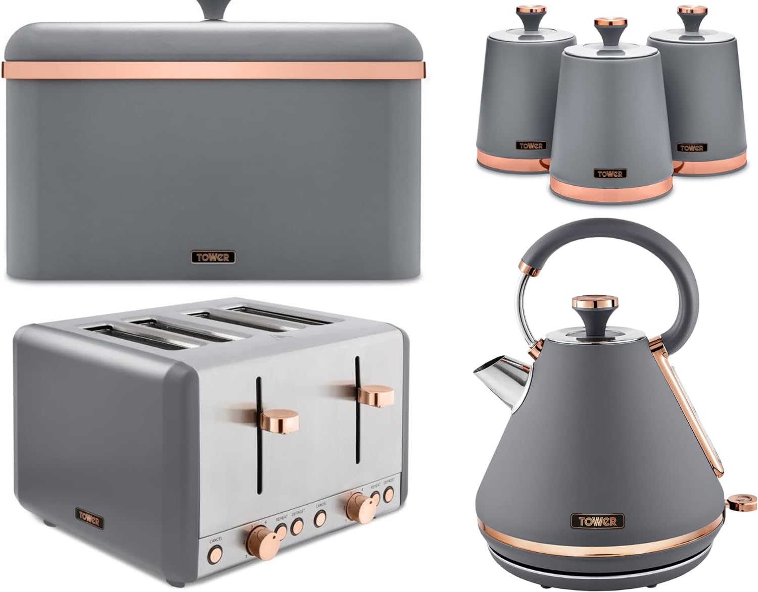 RKW Tower Cavaletto Pyramid Kettle, 4 - Slice Toaster, Bread Bin & Set of 3 Canisters in Grey & Rose Gold. Matching Kitchen Set - Amazing Gadgets Outlet