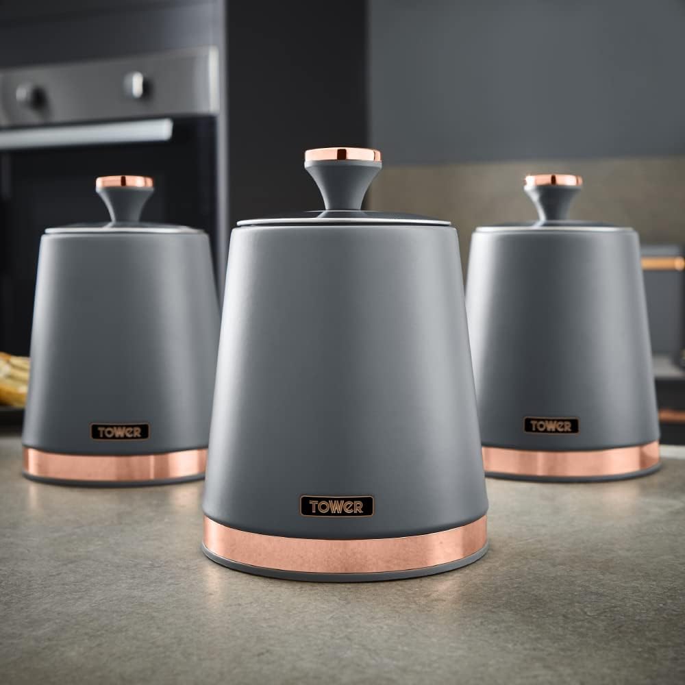 RKW Tower Cavaletto Pyramid Kettle, 4 - Slice Toaster, Bread Bin & Set of 3 Canisters in Grey & Rose Gold. Matching Kitchen Set - Amazing Gadgets Outlet