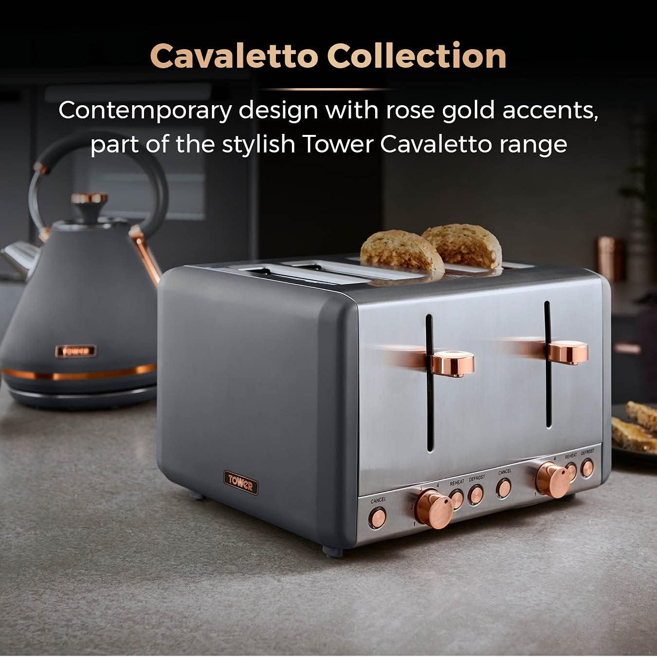 RKW Tower Cavaletto Pyramid Kettle, 4 - Slice Toaster, Bread Bin & Set of 3 Canisters in Grey & Rose Gold. Matching Kitchen Set - Amazing Gadgets Outlet