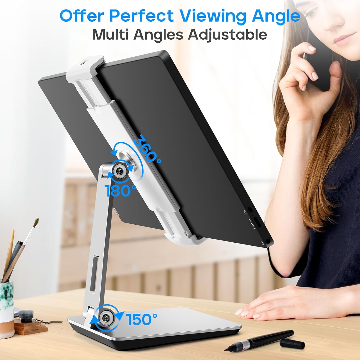 ROADOM Tablet Stand for Desk, Adjustable 360° Swivel Bracket, 180° Tiltable Clamp,Foldable Tablet Holder for 4.7 - 17.3'' Phone/Tablet/Portable Monitor, Aluminum Alloy, Silver - Amazing Gadgets Outlet