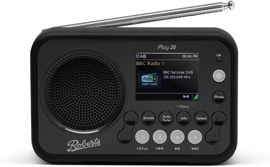 Roberts PLAY20 Compact and Portable DAB/DAB+/FM Digital Radio, Rubber - Protected, Full Colour Screen, Black - Amazing Gadgets Outlet