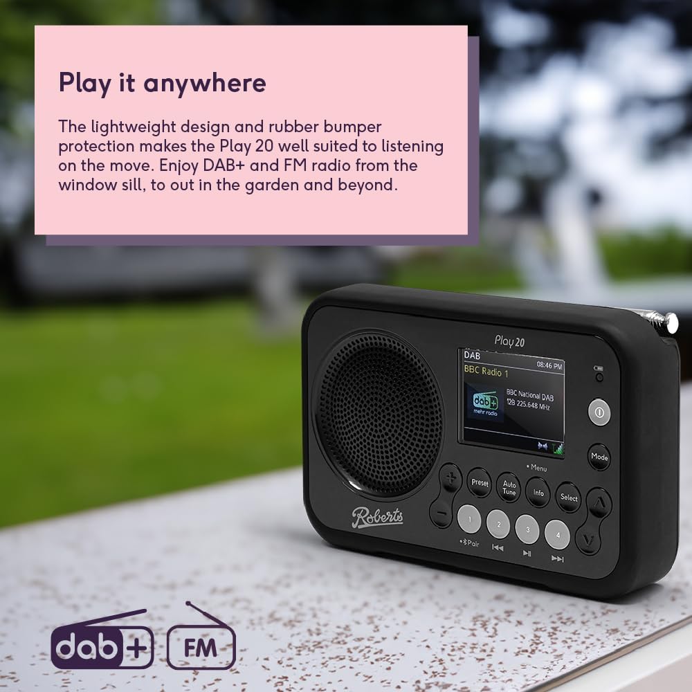 Roberts PLAY20 Compact and Portable DAB/DAB+/FM Digital Radio, Rubber - Protected, Full Colour Screen, Black - Amazing Gadgets Outlet