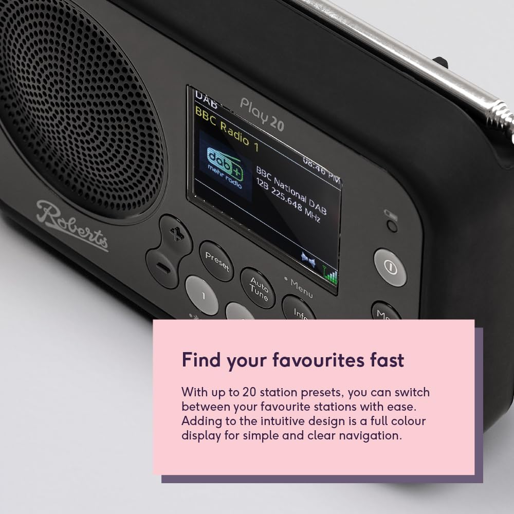 Roberts PLAY20 Compact and Portable DAB/DAB+/FM Digital Radio, Rubber - Protected, Full Colour Screen, Black - Amazing Gadgets Outlet