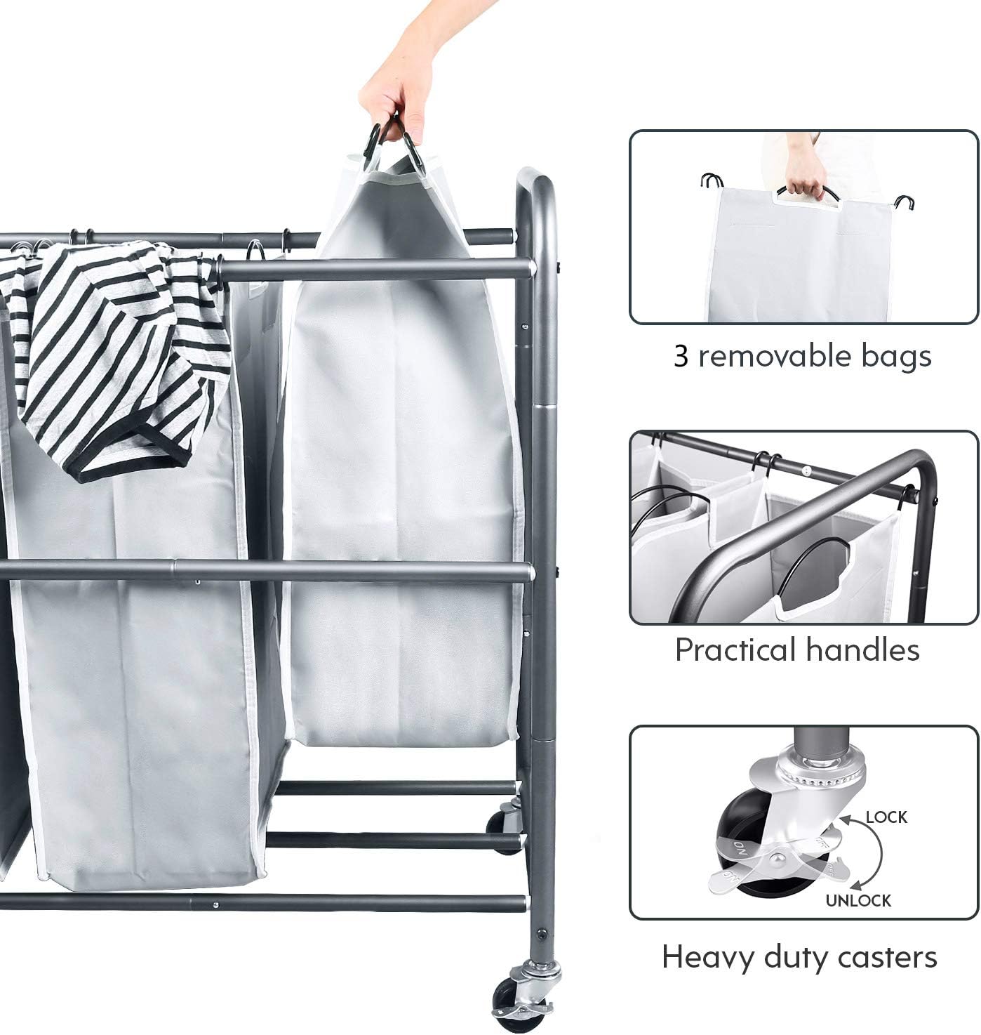 ROMOON 4 Bag Laundry Sorter Cart, Laundry Hamper Sorter with Heavy Duty Rolling Wheels for Clothes Storage, Grey - Amazing Gadgets Outlet