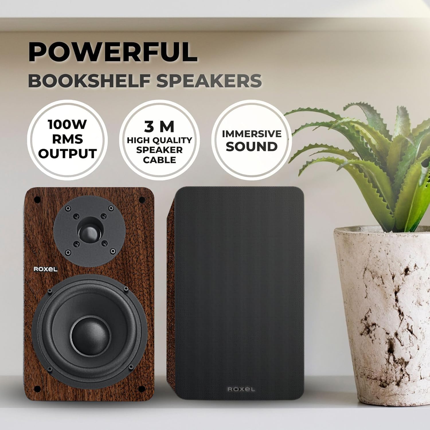 Roxel Onyx Active Bookshelf Speakers, 100 - Watt RMS Power, Wireless BT 5.0 Streaming, HDMI ARC, 3 - Metre Speaker Cable, Dynamic Sound for Movies, Music, Office, Home Theatre (Walnut) - Amazing Gadgets Outlet