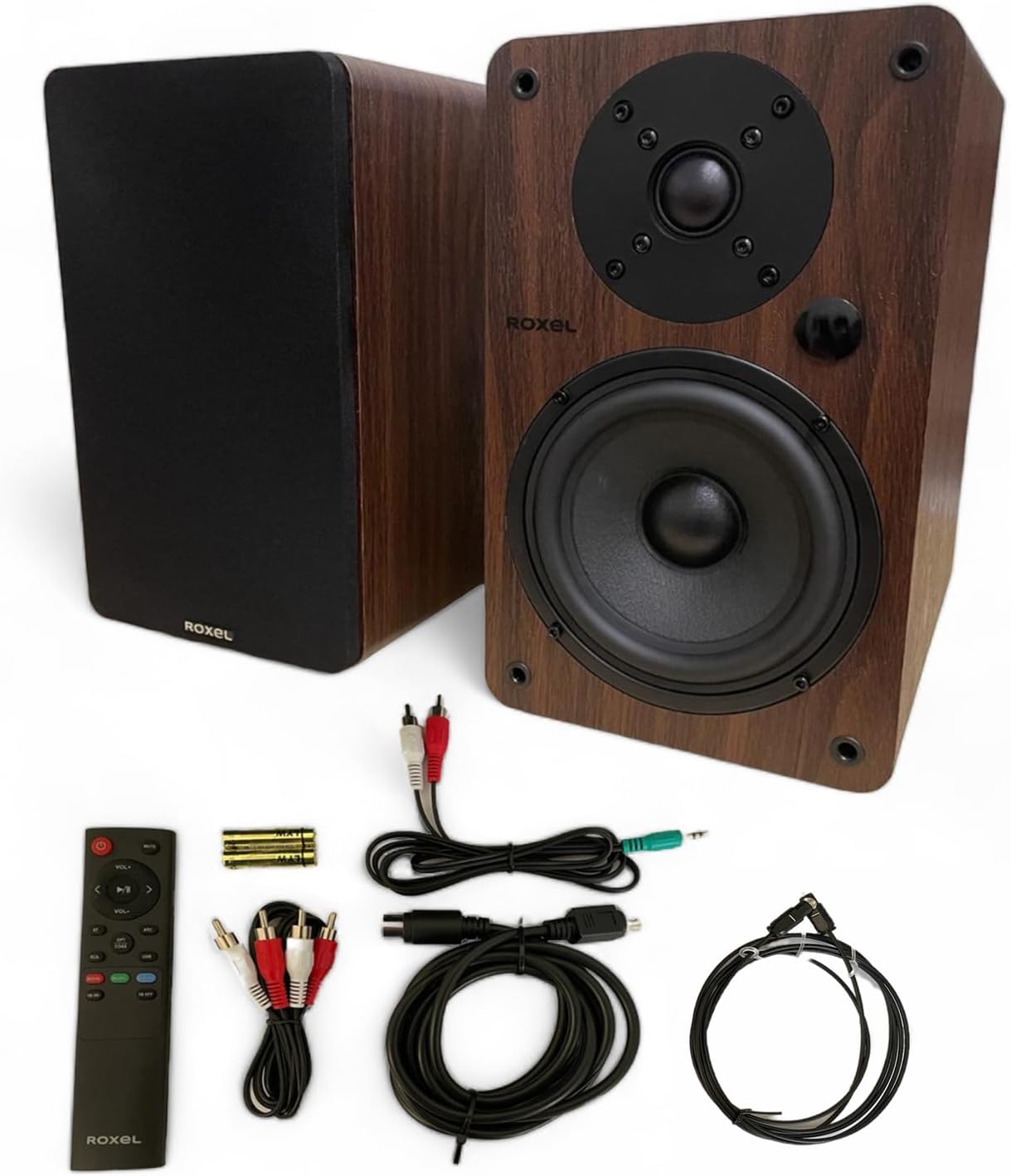 Roxel Onyx Active Bookshelf Speakers, 100 - Watt RMS Power, Wireless BT 5.0 Streaming, HDMI ARC, 3 - Metre Speaker Cable, Dynamic Sound for Movies, Music, Office, Home Theatre (Walnut) - Amazing Gadgets Outlet