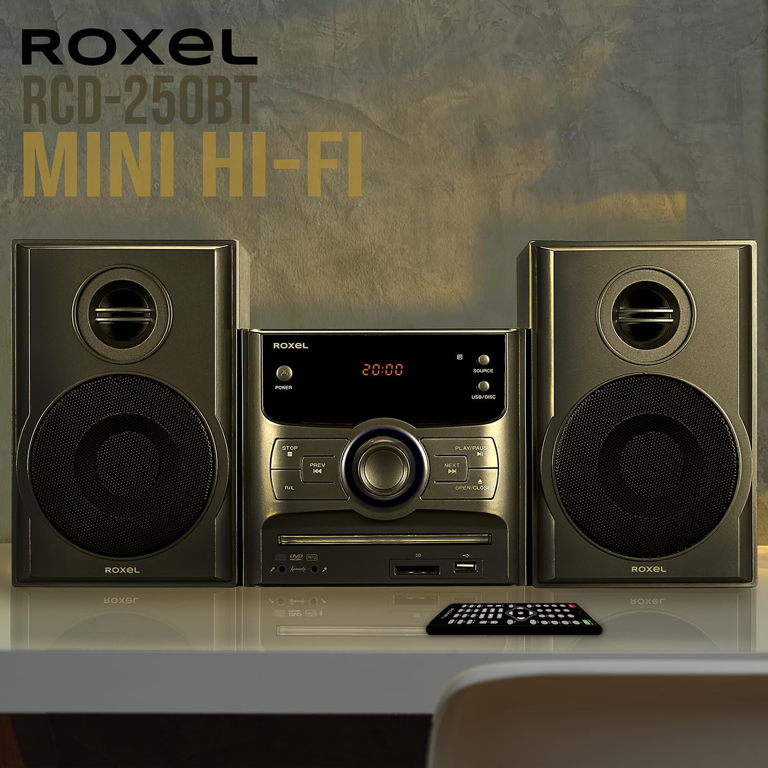 Roxel RCD - 250BT All in One Compact Micro Hifi CD Player, Mini stereo, DVD player, Karaoke function, Remote Control, Wireless Playback, FM Radio, USB MP3 Playback, 40W RMS Output - Amazing Gadgets Outlet