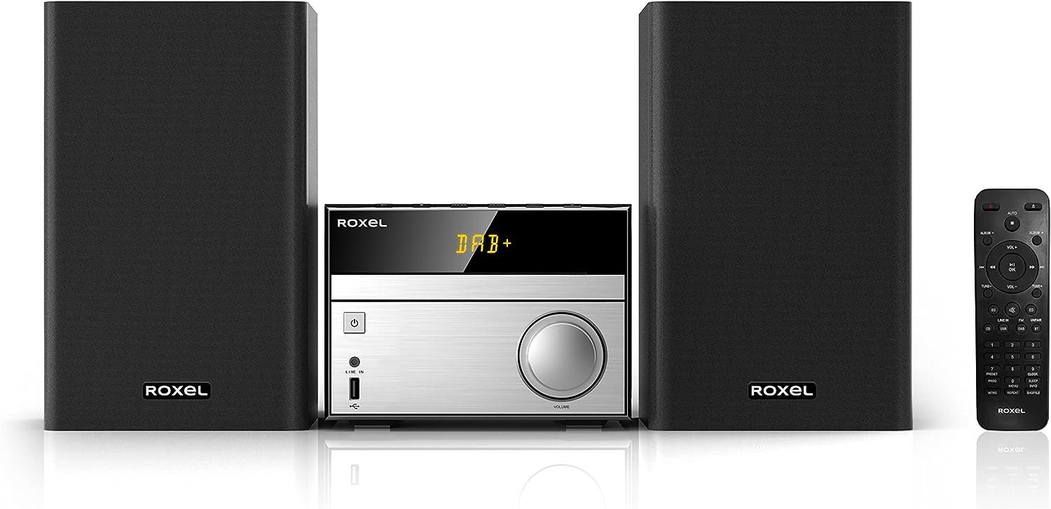 ROXEL RCD - 280 Micro Hi - Fi CD Player with DAB/DAB+ and FM Radio Compact Hi - fi System/Multi playback/BT Wireless/USB / MP3 / AUX, Amber LED display, 3 Metres long Speaker Cables, 30W RMS - Amazing Gadgets Outlet