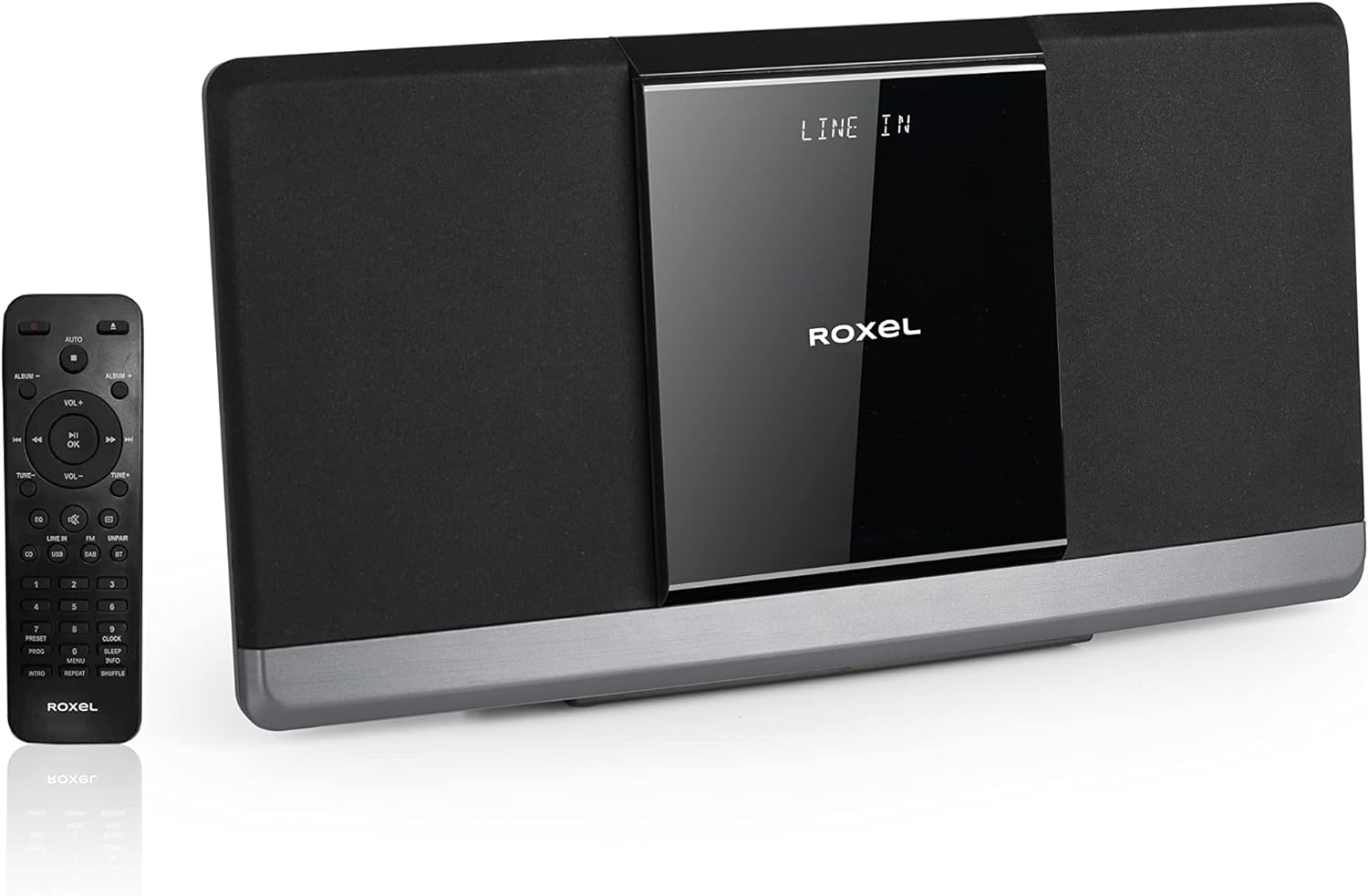 Roxel RCD - 320 Micro Hifi System CD Player with DAB/DAB+/ FM Radio, Wireless BT, 40W RMS Speaker, Wall Mountable, USB and AUX In, Remote Control, Sleek & Flat Design with White LED Display - Amazing Gadgets Outlet