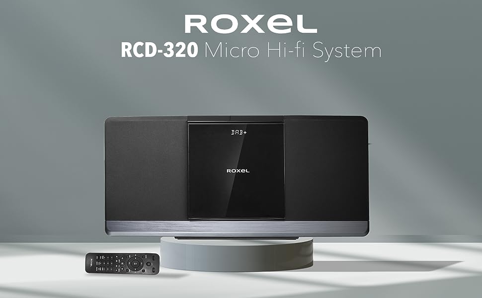 Roxel RCD - 320 Micro Hifi System CD Player with DAB/DAB+/ FM Radio, Wireless BT, 40W RMS Speaker, Wall Mountable, USB and AUX In, Remote Control, Sleek & Flat Design with White LED Display - Amazing Gadgets Outlet