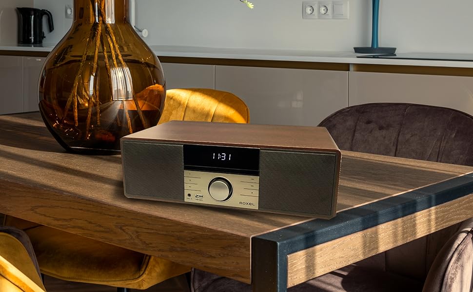 ROXEL RCD 400 All In One Compact CD Player HI - FI System DAB/DAB+ Radio, CD/MP3 Player/USB PLAYBACK with Speakers, Wireless playback, FM & Digital Radio and White Led Display & Stylish Wooden Contour - Amazing Gadgets Outlet