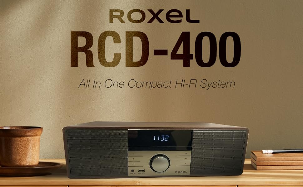 ROXEL RCD 400 All In One Compact CD Player HI - FI System DAB/DAB+ Radio, CD/MP3 Player/USB PLAYBACK with Speakers, Wireless playback, FM & Digital Radio and White Led Display & Stylish Wooden Contour - Amazing Gadgets Outlet