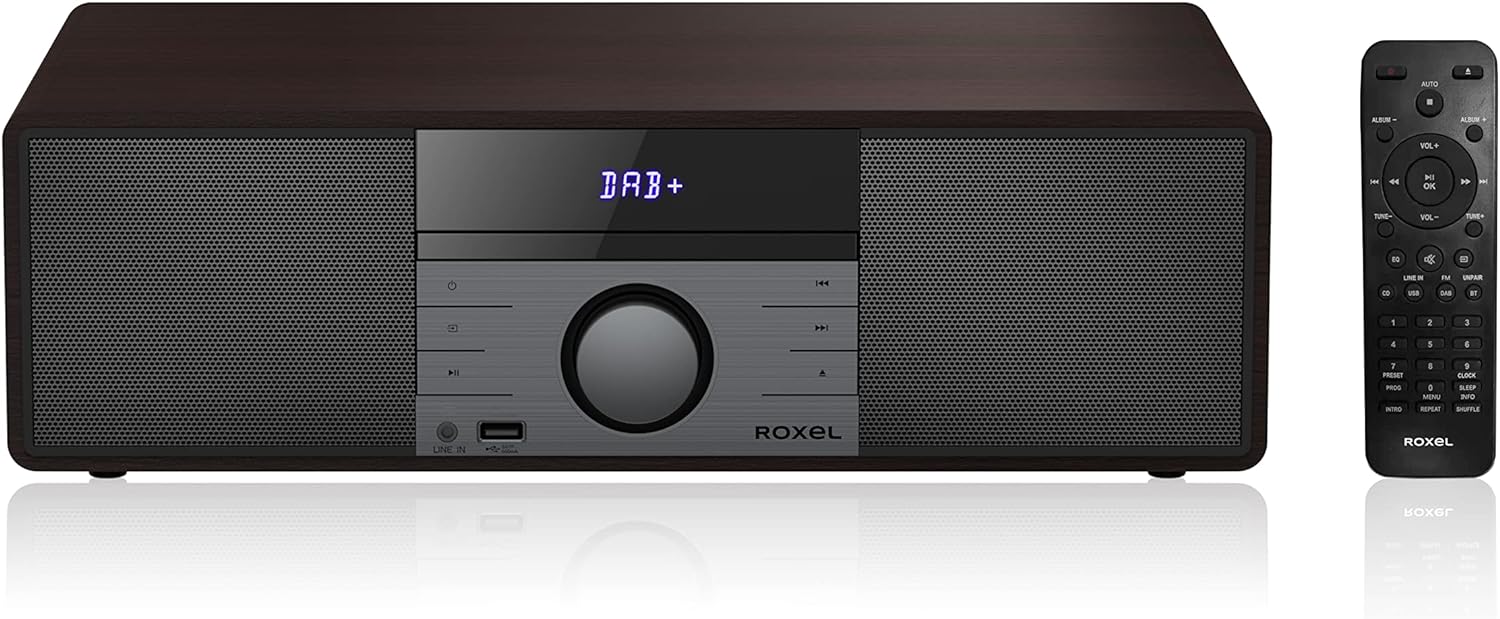 ROXEL RCD 400 All In One Compact CD Player HI - FI System DAB/DAB+ Radio, CD/MP3 Player/USB PLAYBACK with Speakers, Wireless playback, FM & Digital Radio and White Led Display & Stylish Wooden Contour - Amazing Gadgets Outlet