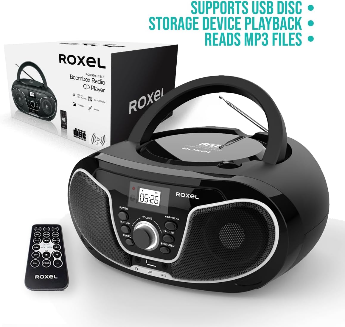 Roxel RCD - S70BT Portable Boombox CD Player with Remote Control, FM Radio, USB MP3 Playback, 3.5mm AUX Input, Headphone Jack, LED Display Wireless Music Streaming(Black) - Amazing Gadgets Outlet