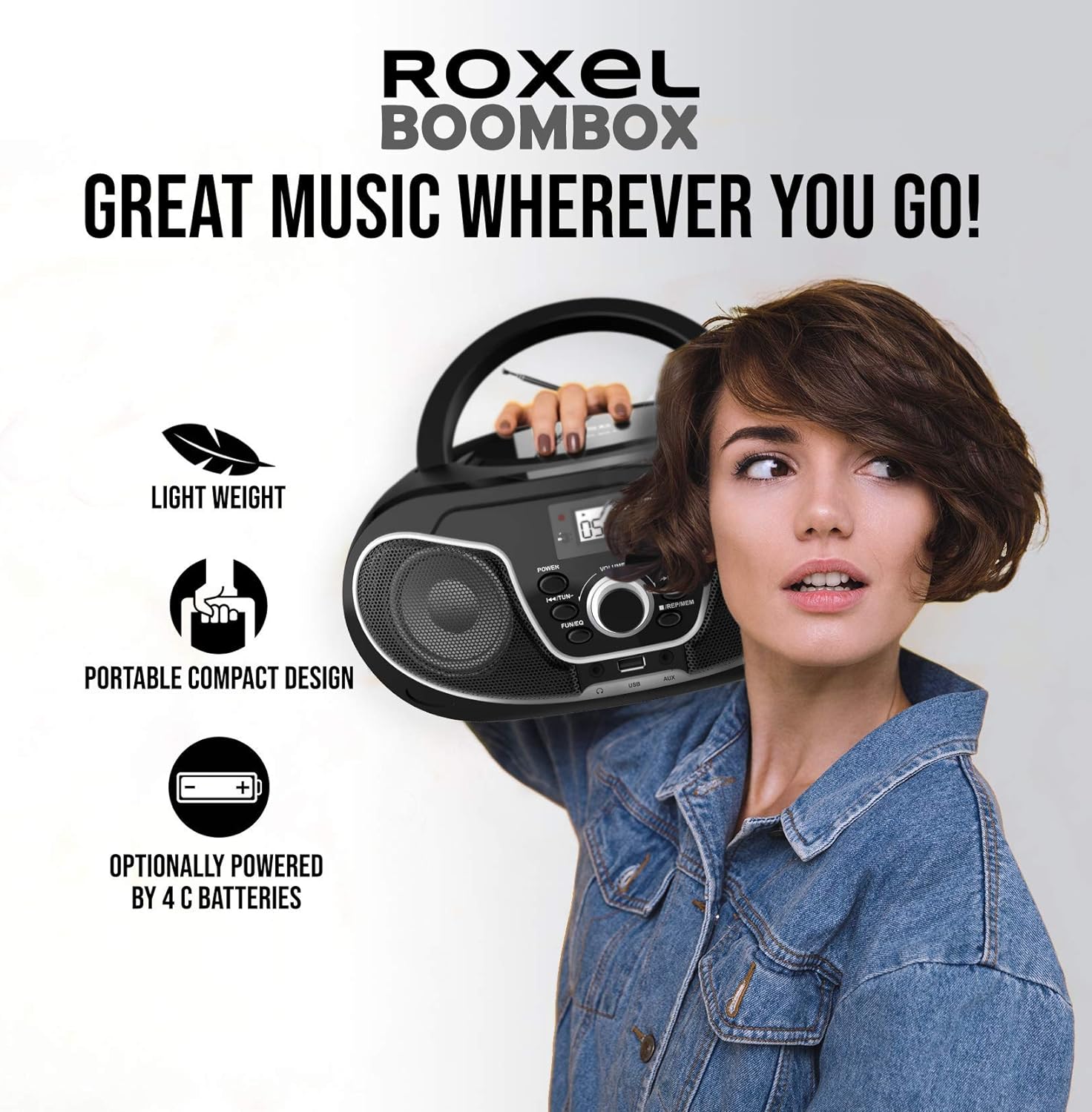 Roxel RCD - S70BT Portable Boombox CD Player with Remote Control, FM Radio, USB MP3 Playback, 3.5mm AUX Input, Headphone Jack, LED Display Wireless Music Streaming(Black) - Amazing Gadgets Outlet