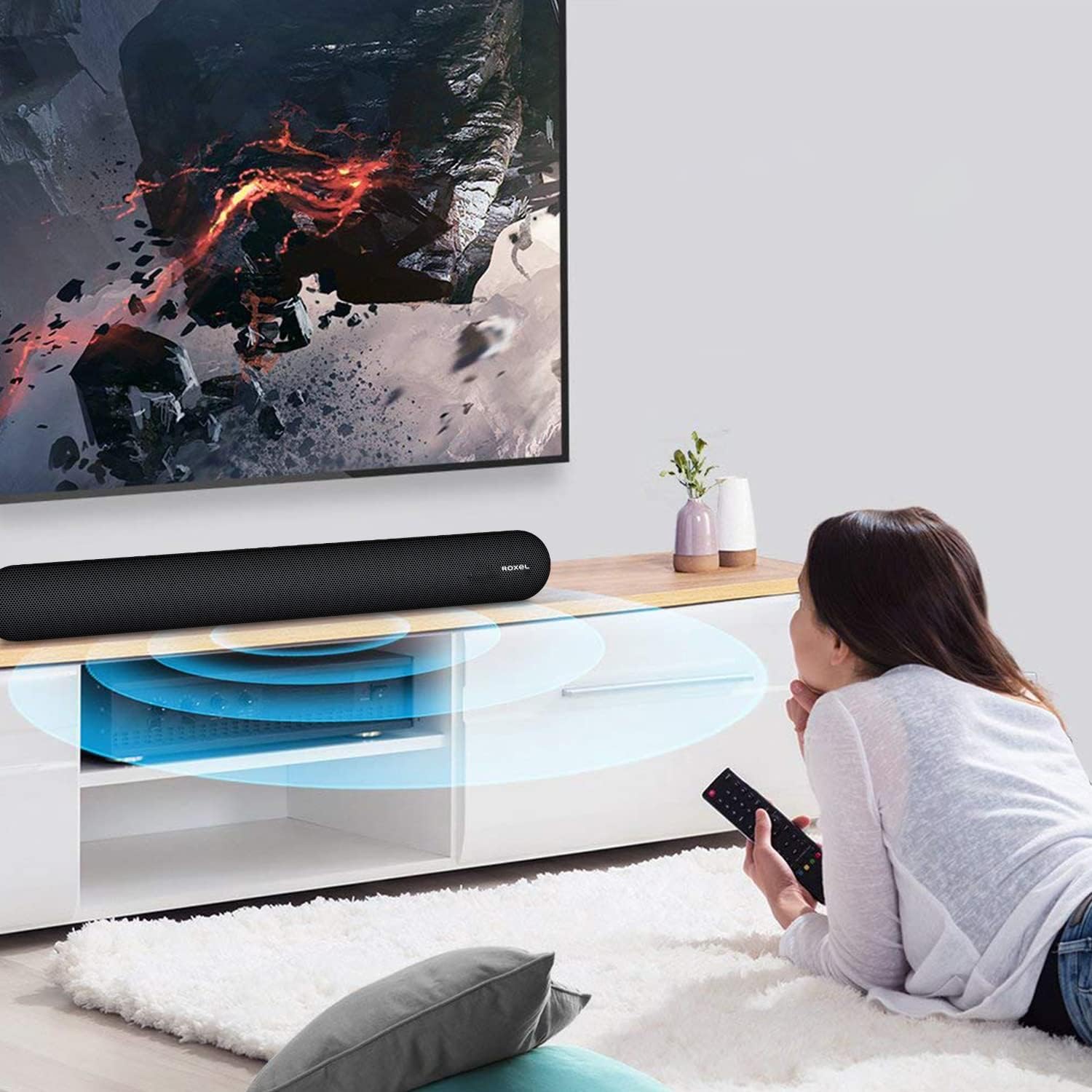 Roxel RSB380 All in One Sound Bar for TV, 2.0 Channel TV/PC Soundbar Wireless Playback 5.0, Wall Mount Brackets, Optical Cable and Remote Control Included, Multi Connection Compatible (Black) - Amazing Gadgets Outlet