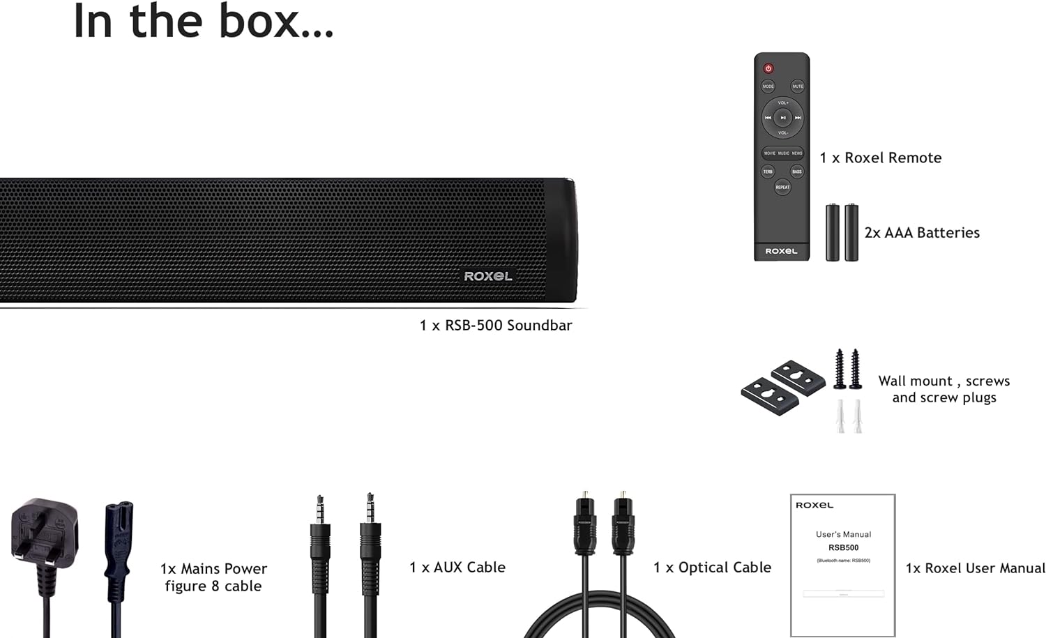 Roxel RSB500 All in One Sound Bar for TV, 2.1 Channel Soundbar with Subwoofer Built - in, Optical Cable, Wireless BT connectivity and Remote Control Included, Multi Connection Compatible - Amazing Gadgets Outlet