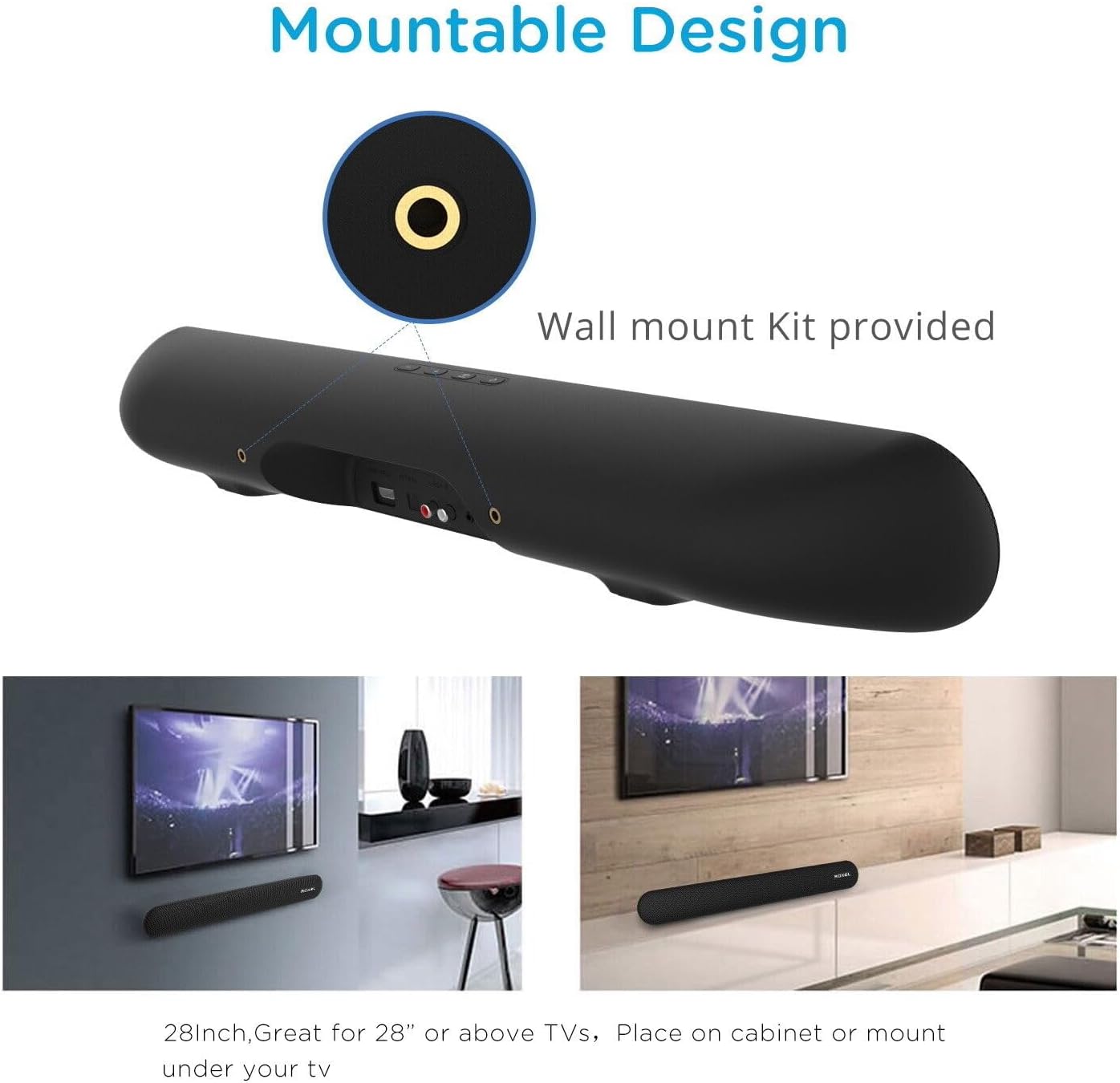 Roxel Soundbar - All - in - one Sound Bar with BT, Optical, USB, RCA & AUX Playback - Speaker with 120 Watt Power & Bass - Remote Control - Wall Mount Kit Included - Black - RSB380 - Amazing Gadgets Outlet