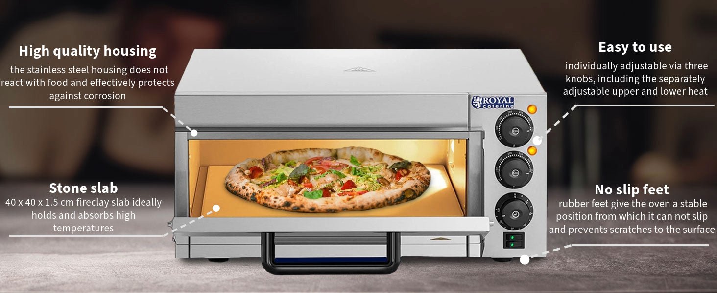 Royal Catering Electric Pizza Oven Maker RCPO - 2000 - 1PE (2000 W, 350 °C, 40 x 40 x 1.5 cm Baking Surface, Cordierite Stone Floor, Timer 120 min, Separately Adjustable Heat, Stainless Steel) - Amazing Gadgets Outlet