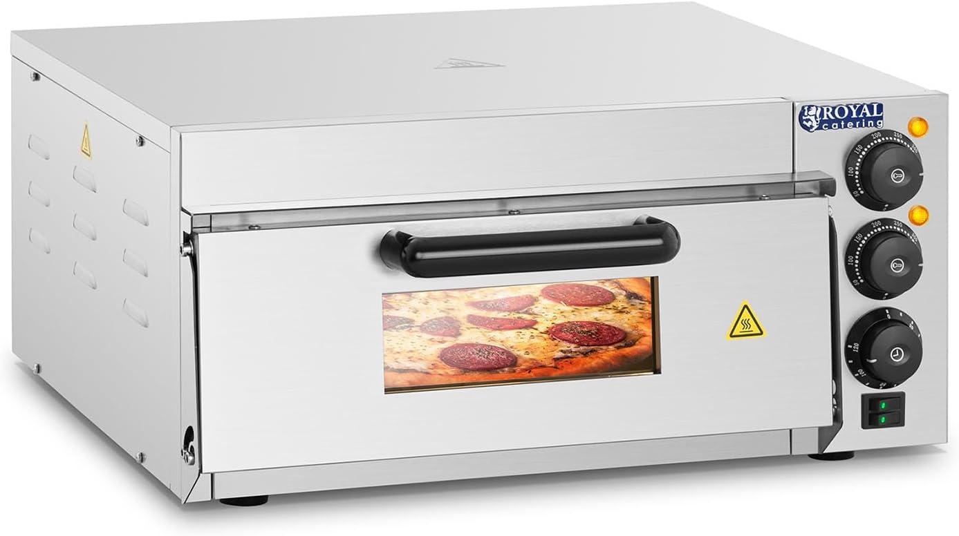 Royal Catering Electric Pizza Oven Maker RCPO - 2000 - 1PE (2000 W, 350 °C, 40 x 40 x 1.5 cm Baking Surface, Cordierite Stone Floor, Timer 120 min, Separately Adjustable Heat, Stainless Steel) - Amazing Gadgets Outlet