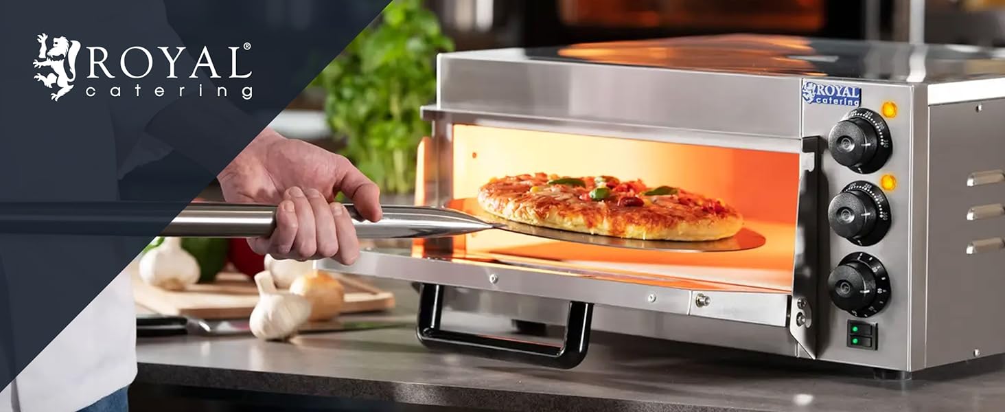 Royal Catering Electric Pizza Oven Maker RCPO - 2000 - 1PE (2000 W, 350 °C, 40 x 40 x 1.5 cm Baking Surface, Cordierite Stone Floor, Timer 120 min, Separately Adjustable Heat, Stainless Steel) - Amazing Gadgets Outlet