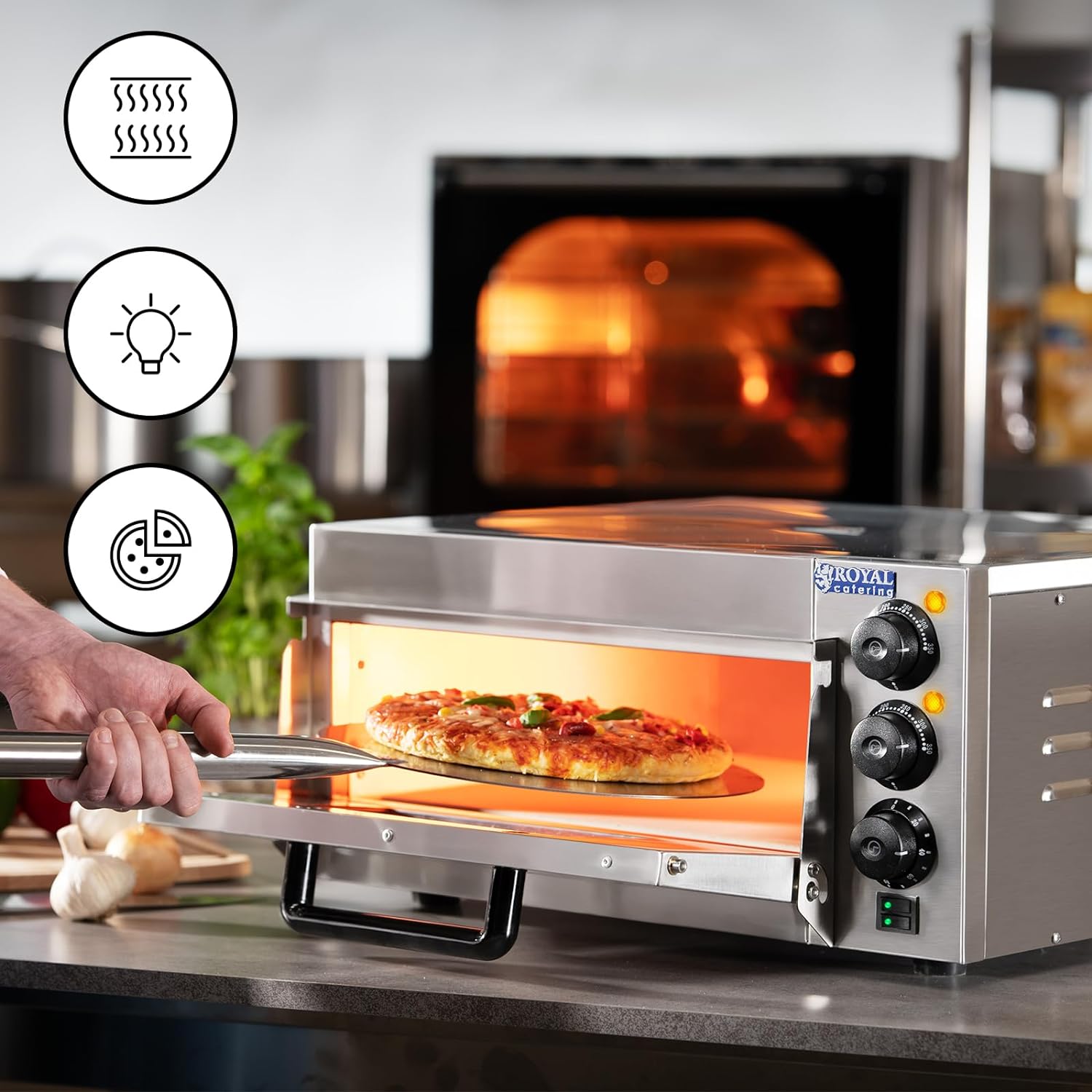 Royal Catering Electric Pizza Oven Maker RCPO - 2000 - 1PE (2000 W, 350 °C, 40 x 40 x 1.5 cm Baking Surface, Cordierite Stone Floor, Timer 120 min, Separately Adjustable Heat, Stainless Steel) - Amazing Gadgets Outlet