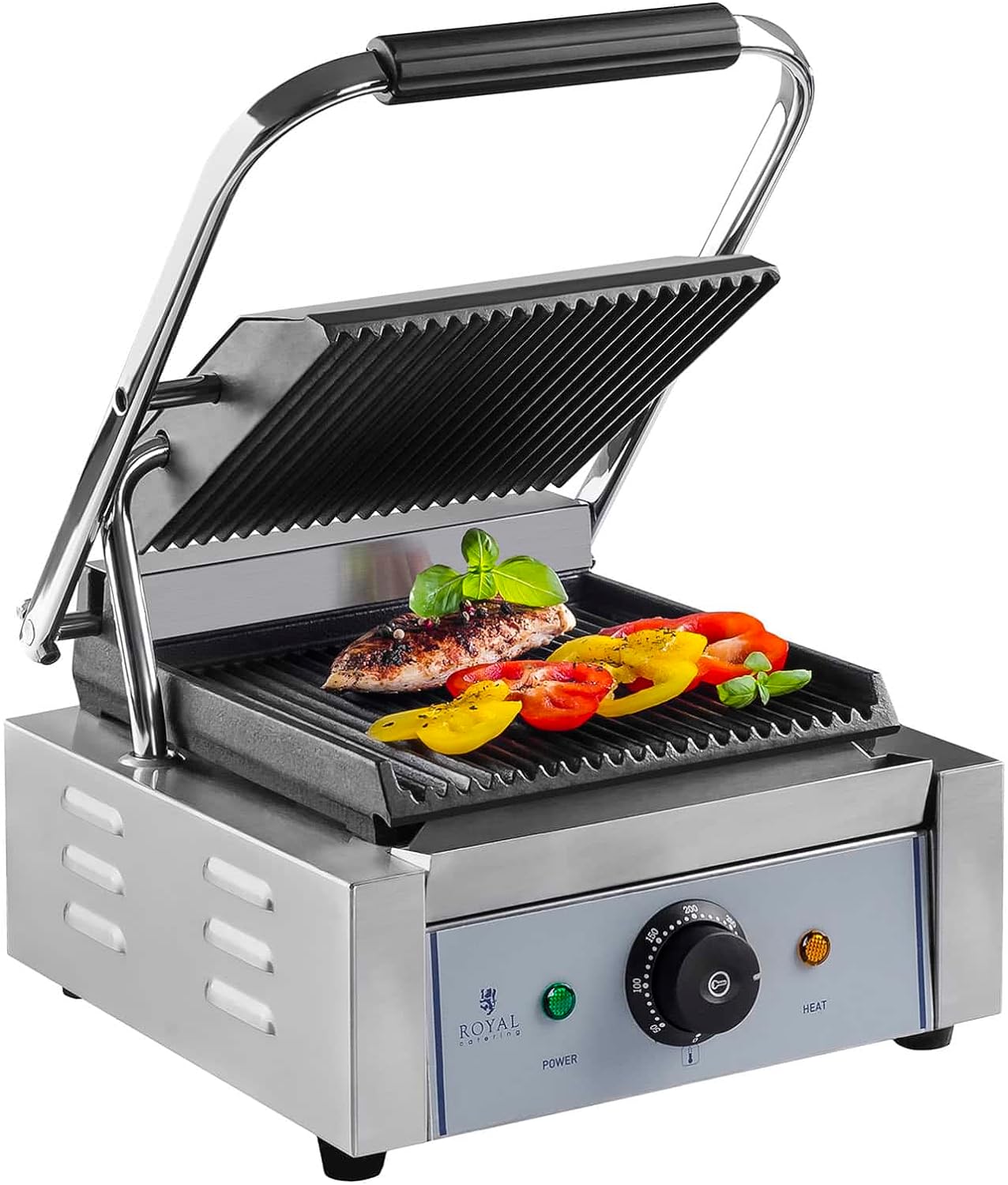 Royal Catering RCCG - 1800G Contact Grill Electric Panini Grill Sandwich Maker (1.800 W, 23 x 22 cm, 230 V, Fat Collection Tray, Stainless Steel, Cast Iron) - Amazing Gadgets Outlet