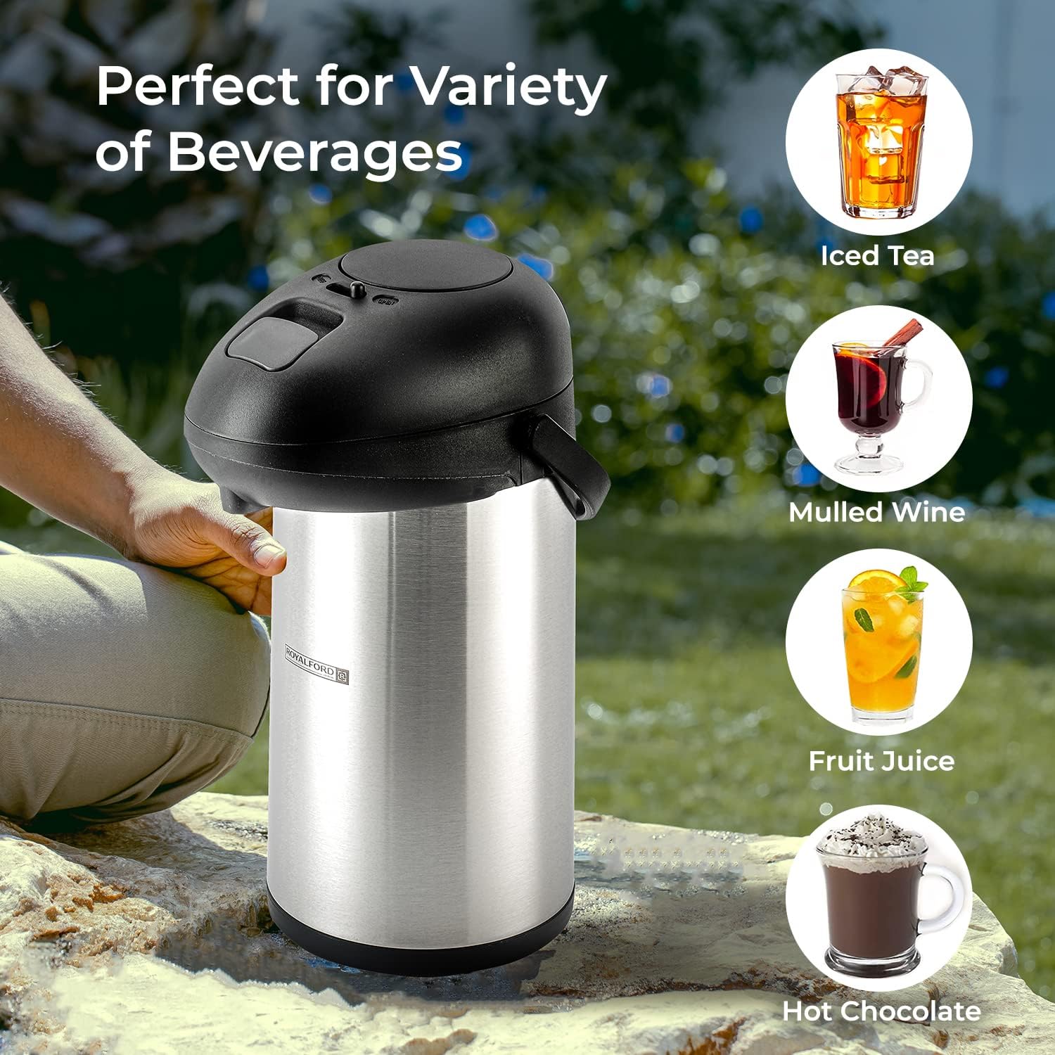 Royalford 4L Stainless Steel Airpot Insulated Vacuum Thermal Flask Jug | Pump Action Airpot Thermal Coffee Flask | Ideal for Hot & Cold Drinks Soup | Extra Strong for Catering Travel Commercial - Amazing Gadgets Outlet