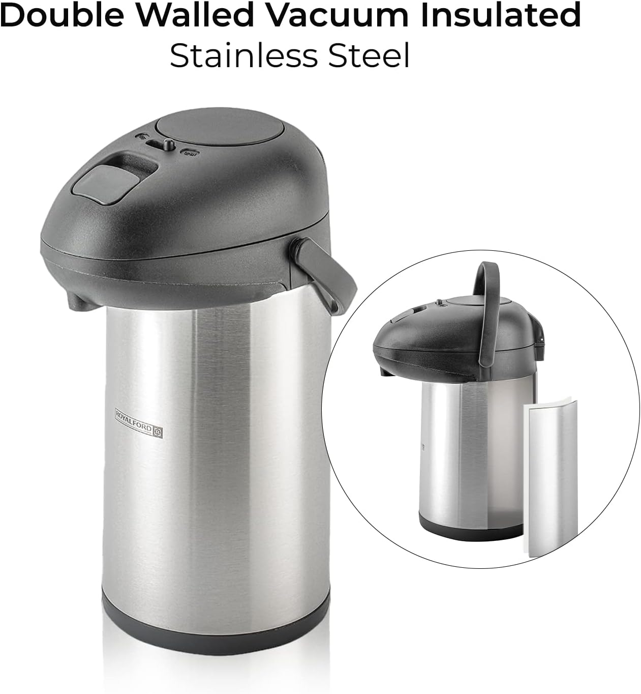 Royalford 4L Stainless Steel Airpot Insulated Vacuum Thermal Flask Jug | Pump Action Airpot Thermal Coffee Flask | Ideal for Hot & Cold Drinks Soup | Extra Strong for Catering Travel Commercial - Amazing Gadgets Outlet