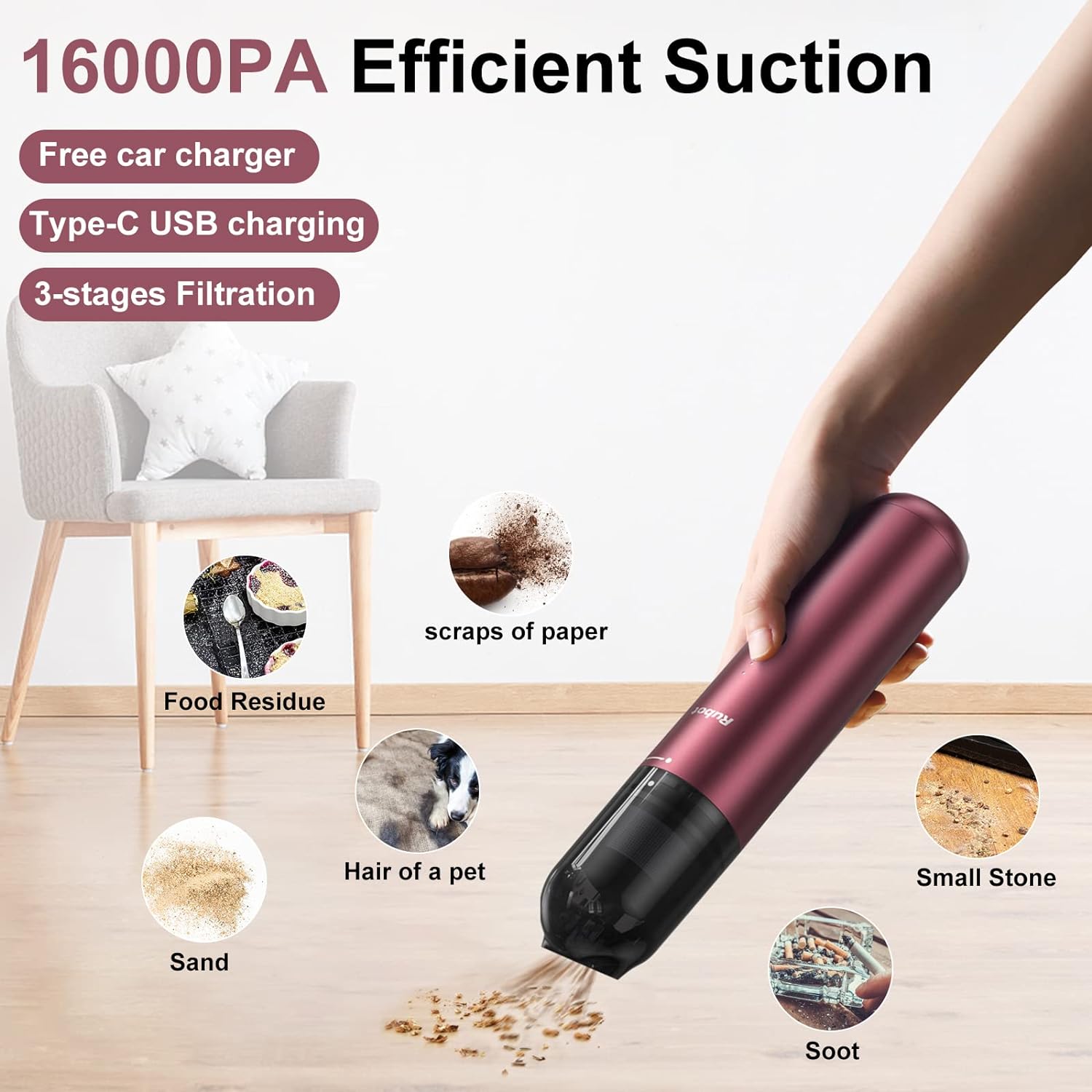 RUBOT Handheld Vacuum, Car Vacuum Cleaner Cordless 16000Pa Powerful Suction Portable Mini Vacuum Cleaner with HEPA Multiple Filtration Rechargeable USB for Home/Car/Pet Hai - P12 Red - Amazing Gadgets Outlet